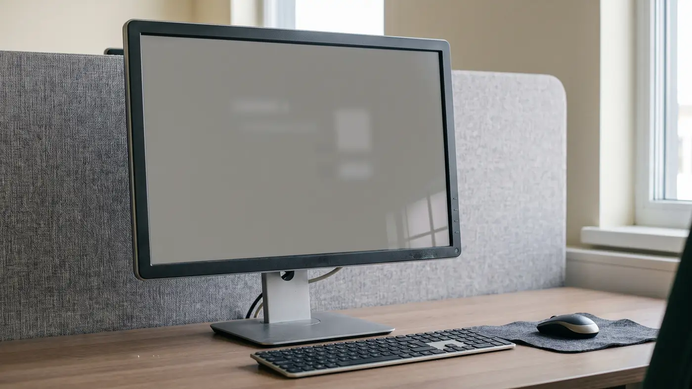 A clean computer-based-test workstation with monitor, keyboard and privacy divider.