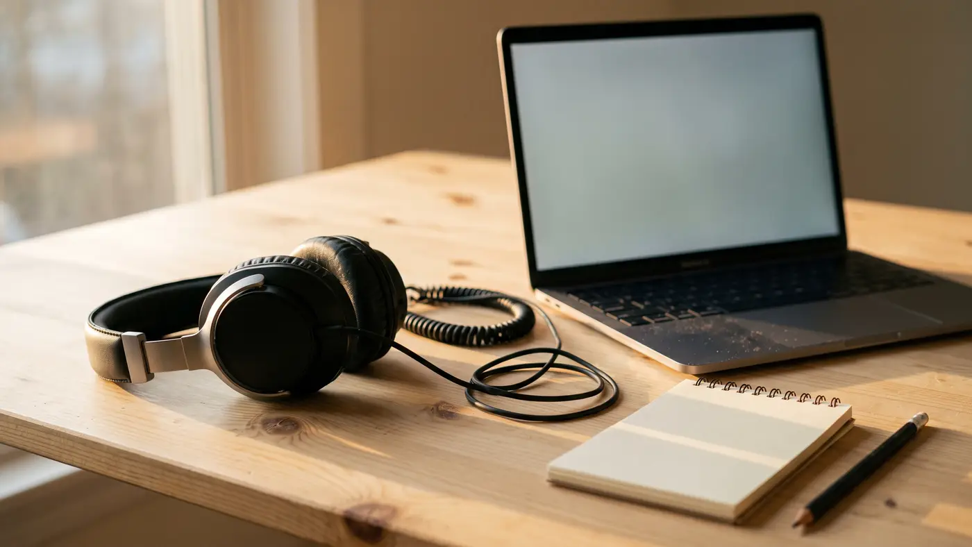 Over-ear headphones resting on a desk beside a laptop for a listening test.
