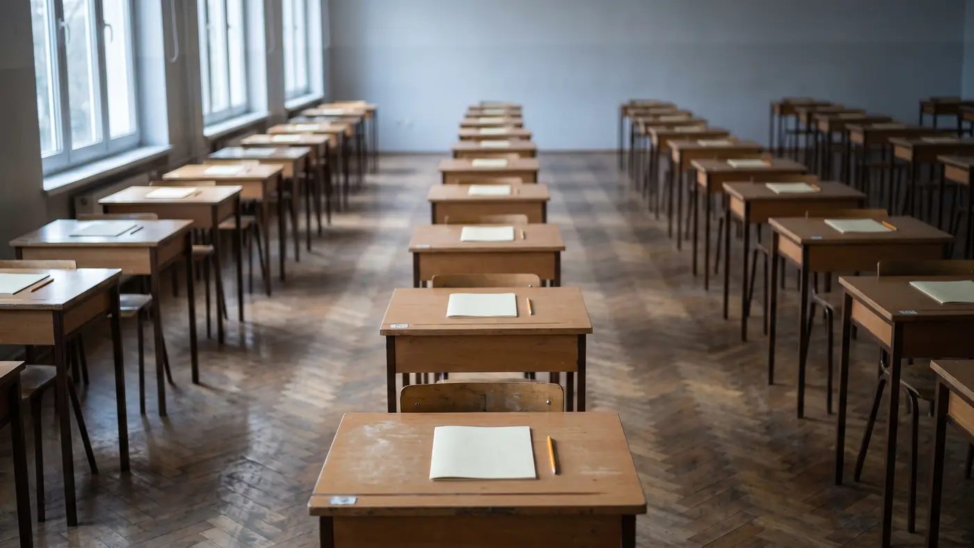 Neat rows of empty single exam desks in a naturally-lit examination hall.