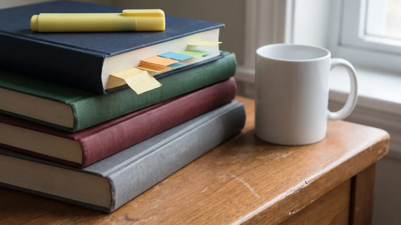 A stack of four plain cloth-bound textbooks with coloured sticky tabs, a yellow highlighter and a mug on a wooden desk.