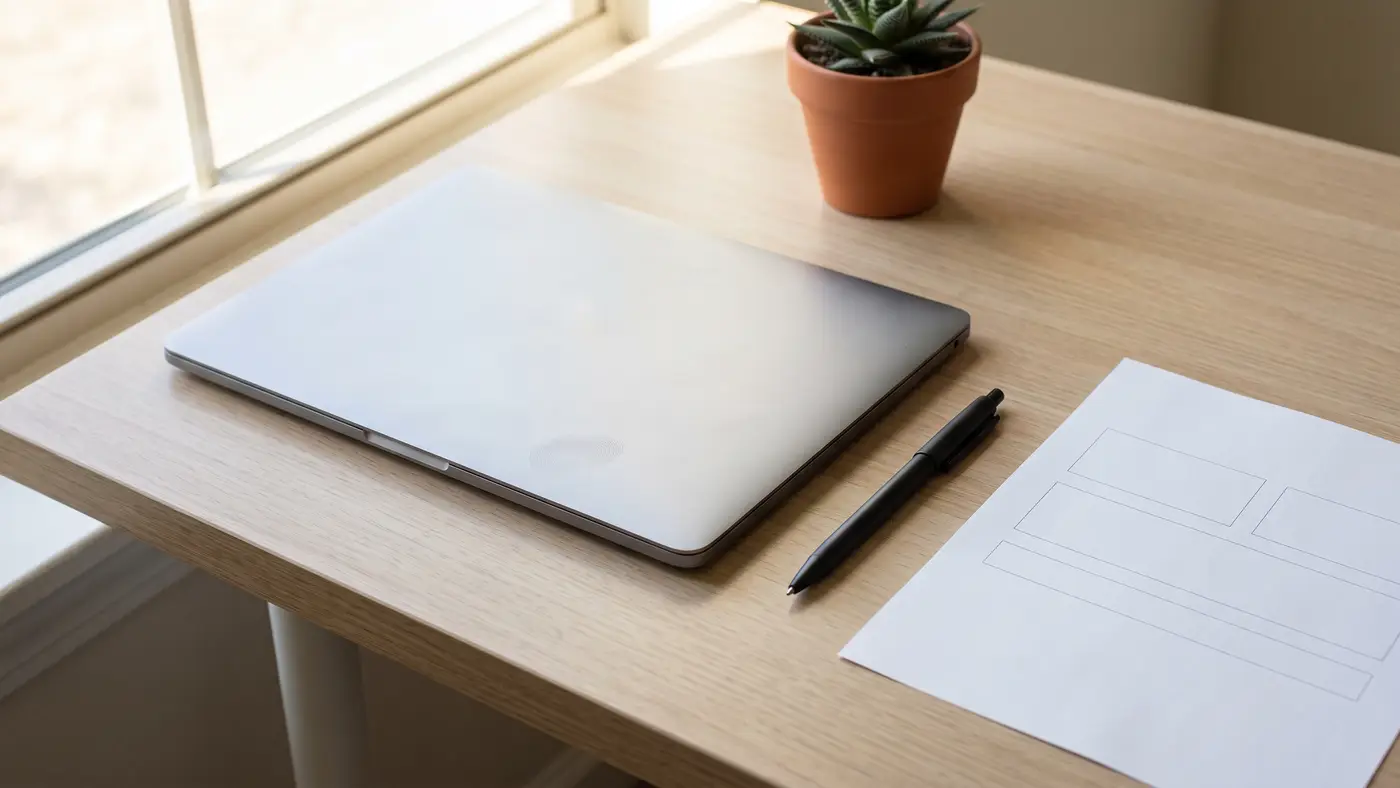 A slim silver laptop closed flat on a clean desk beside a pen, a blank form and a small succulent in soft daylight.