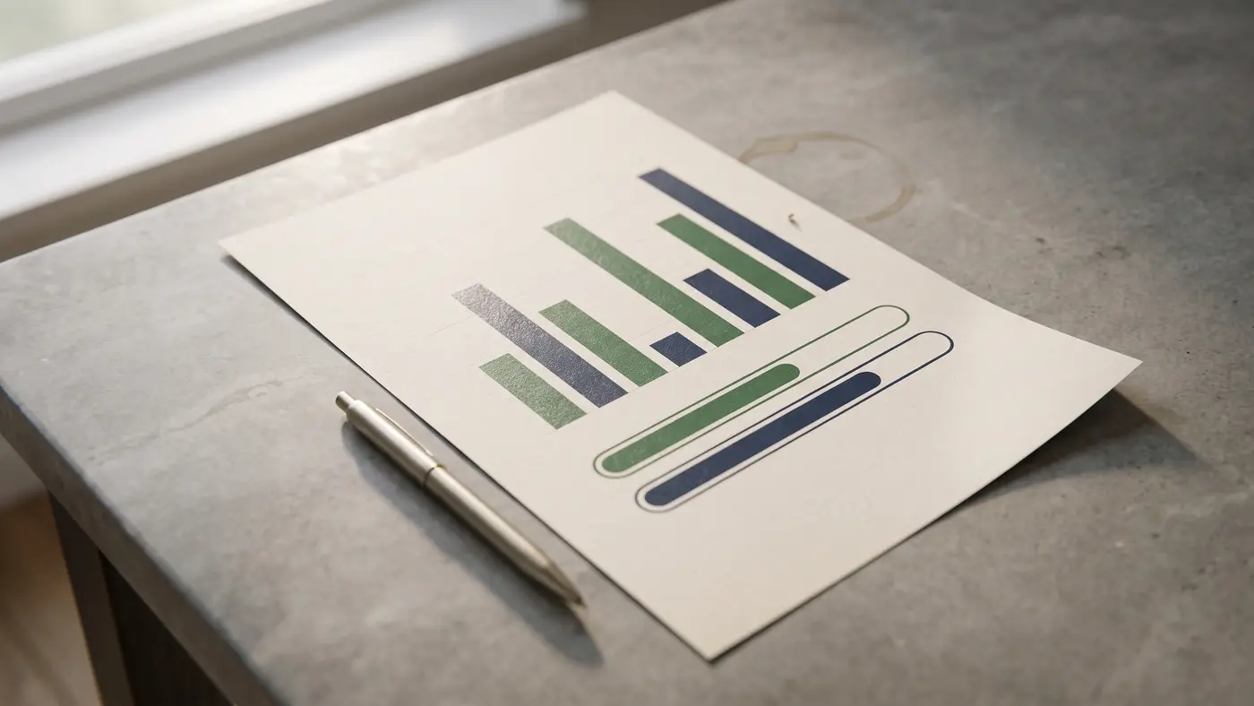 A results sheet with a simple abstract bar chart on a tidy desk.