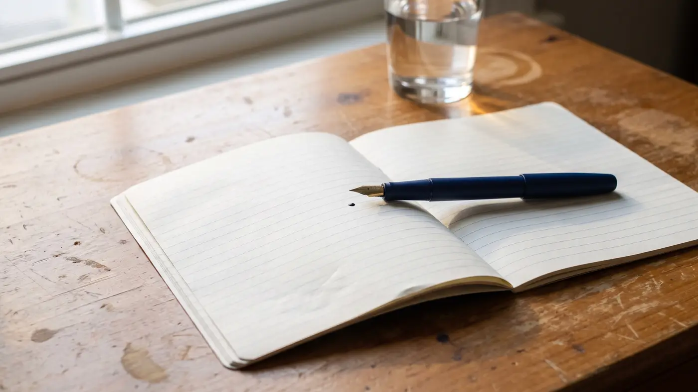 A blank lined writing booklet open with a fountain pen resting on it.