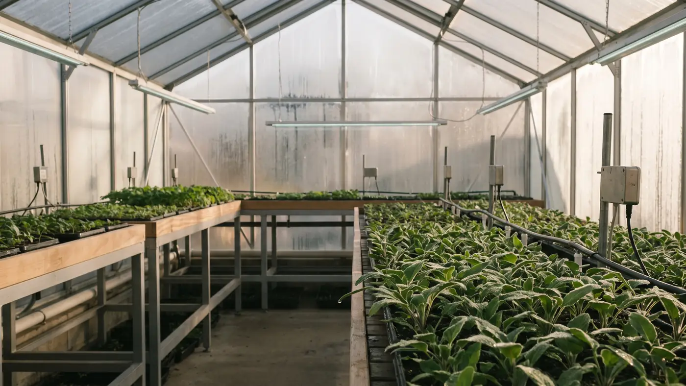 A modern agricultural research greenhouse with orderly rows of vivid green seedlings.