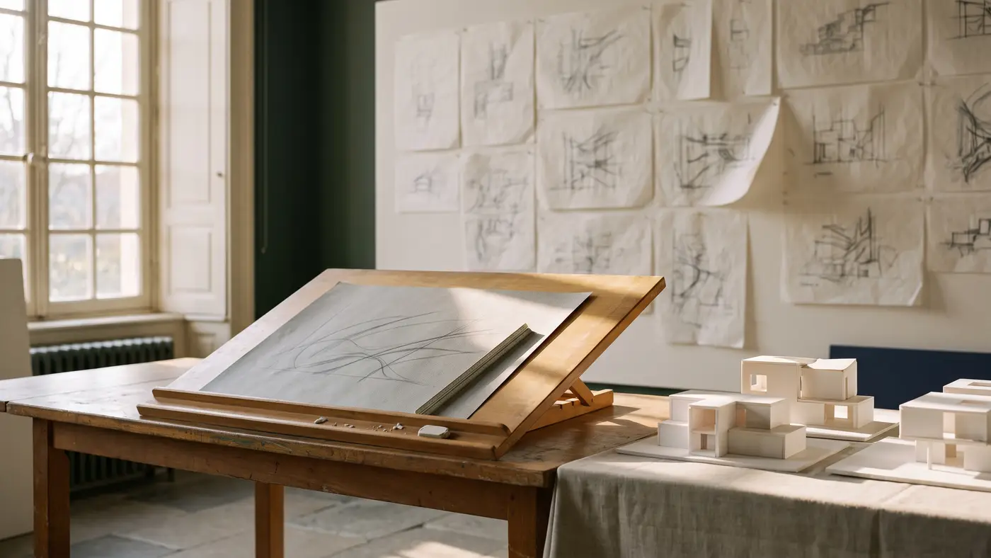 An architecture studio with an angled drafting board, white scale models and pinned sketches.