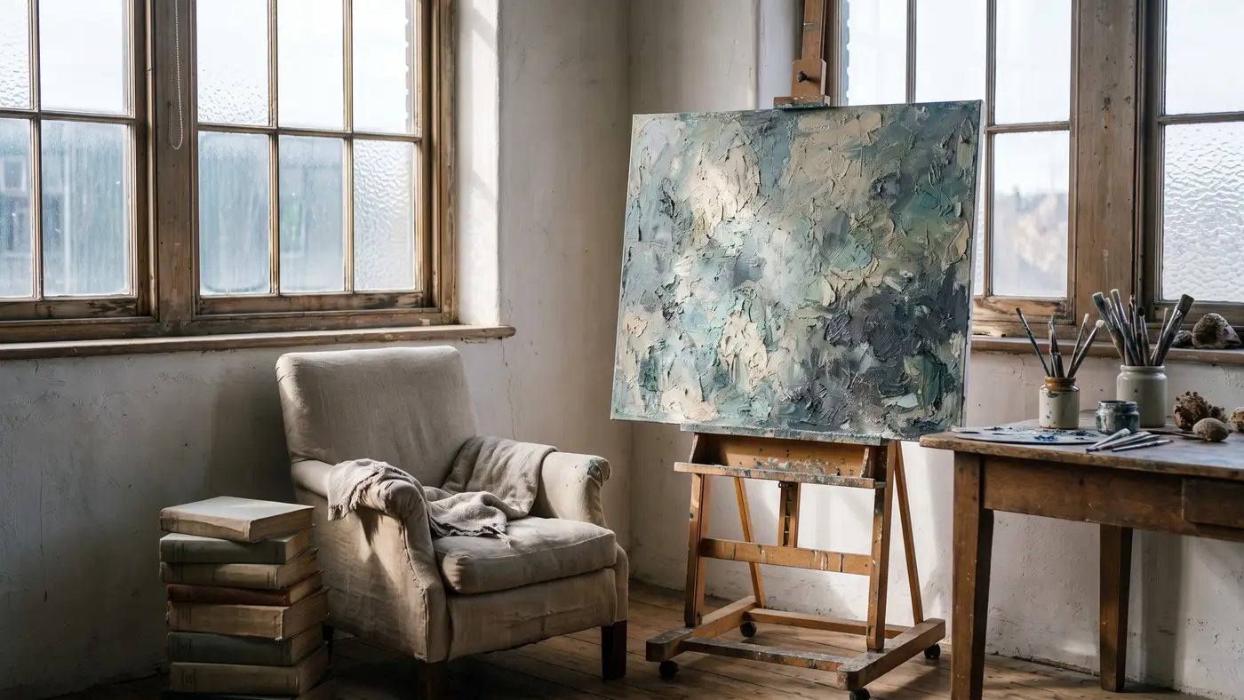 A bright art and humanities studio with an easel, stacked books, brushes and a reading chair.