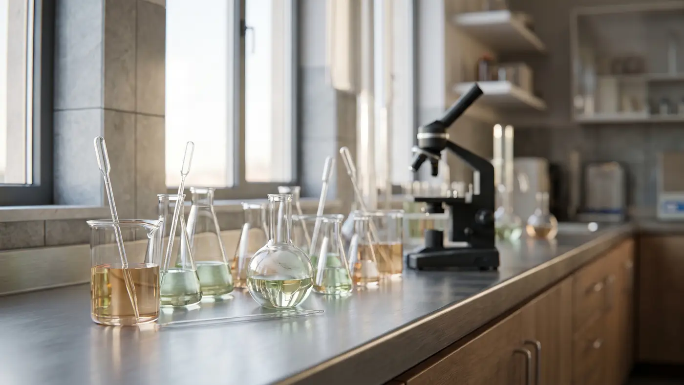 A clean modern biotechnology lab with glassware, pipettes and a microscope on steel benches.