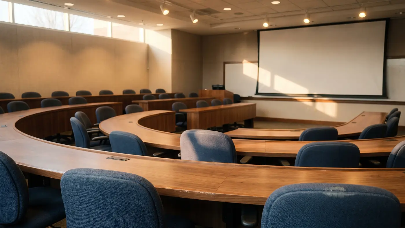 A tiered case-study classroom with curved desks facing a large blank projection screen, whiteboard and lectern.