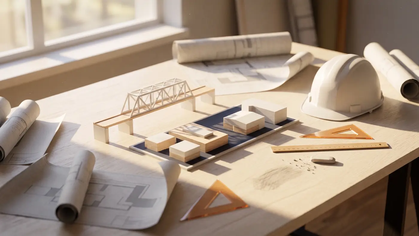 Architectural scale models of bridges and buildings with rolled drawings on a studio table.