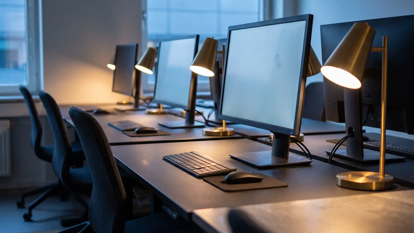 A modern computer-science lab with rows of sleek dark workstations glowing softly.