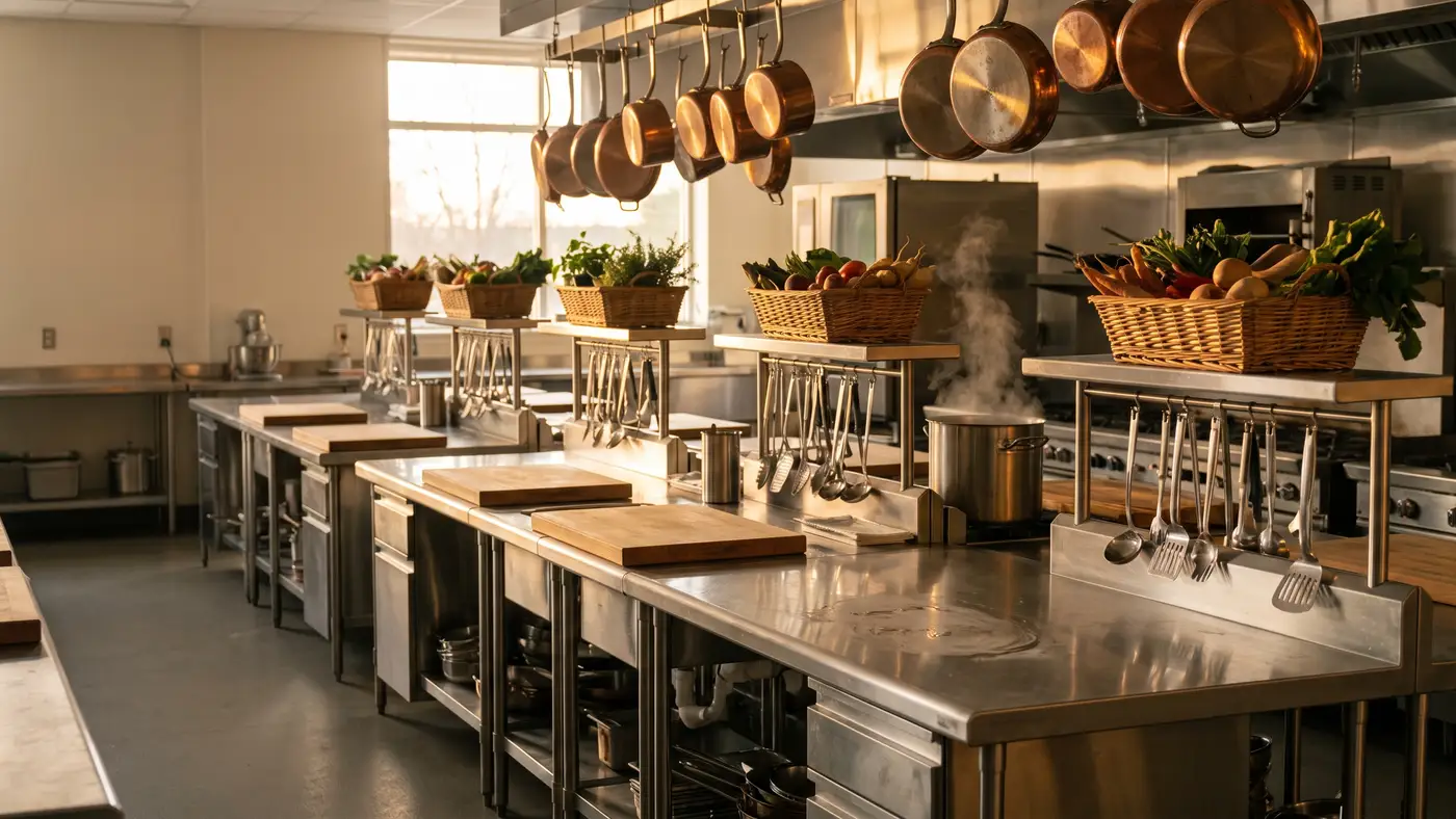 A gleaming professional teaching kitchen with stainless steel stations and hanging copper pans.