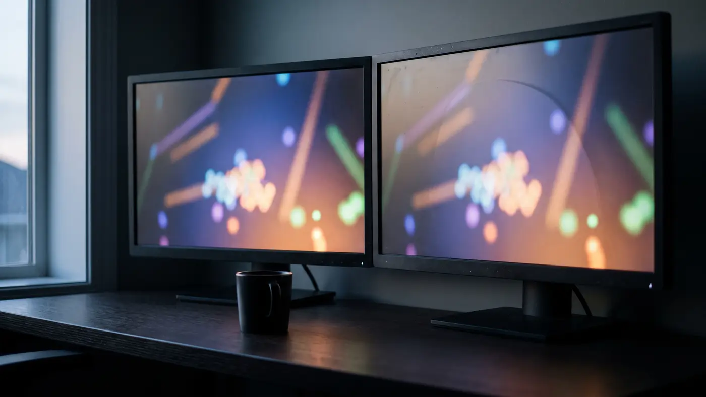 Two large monitors on a clean desk showing abstract colourful bokeh light patterns, in a dim modern workspace.