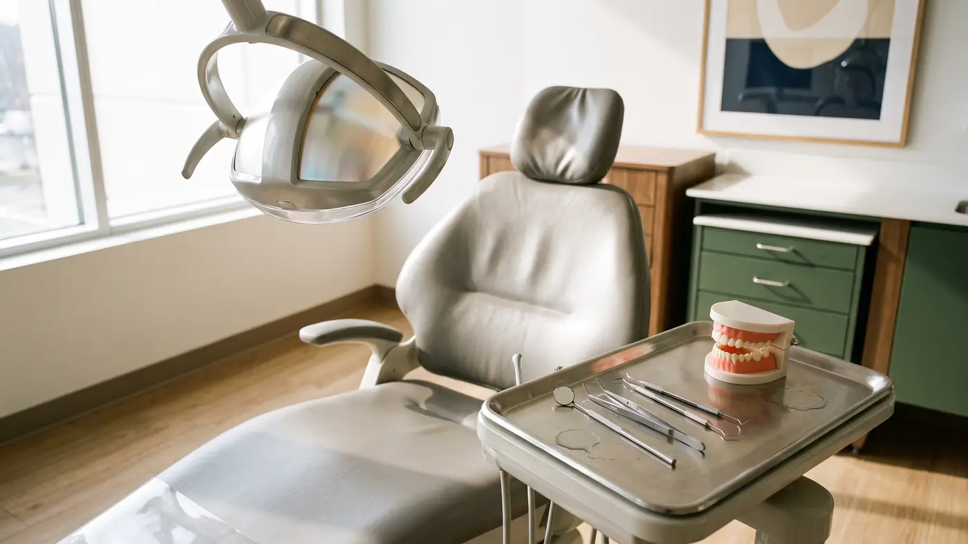 A clean dental training studio with an empty chair, overhead lamp and instruments on a tray.