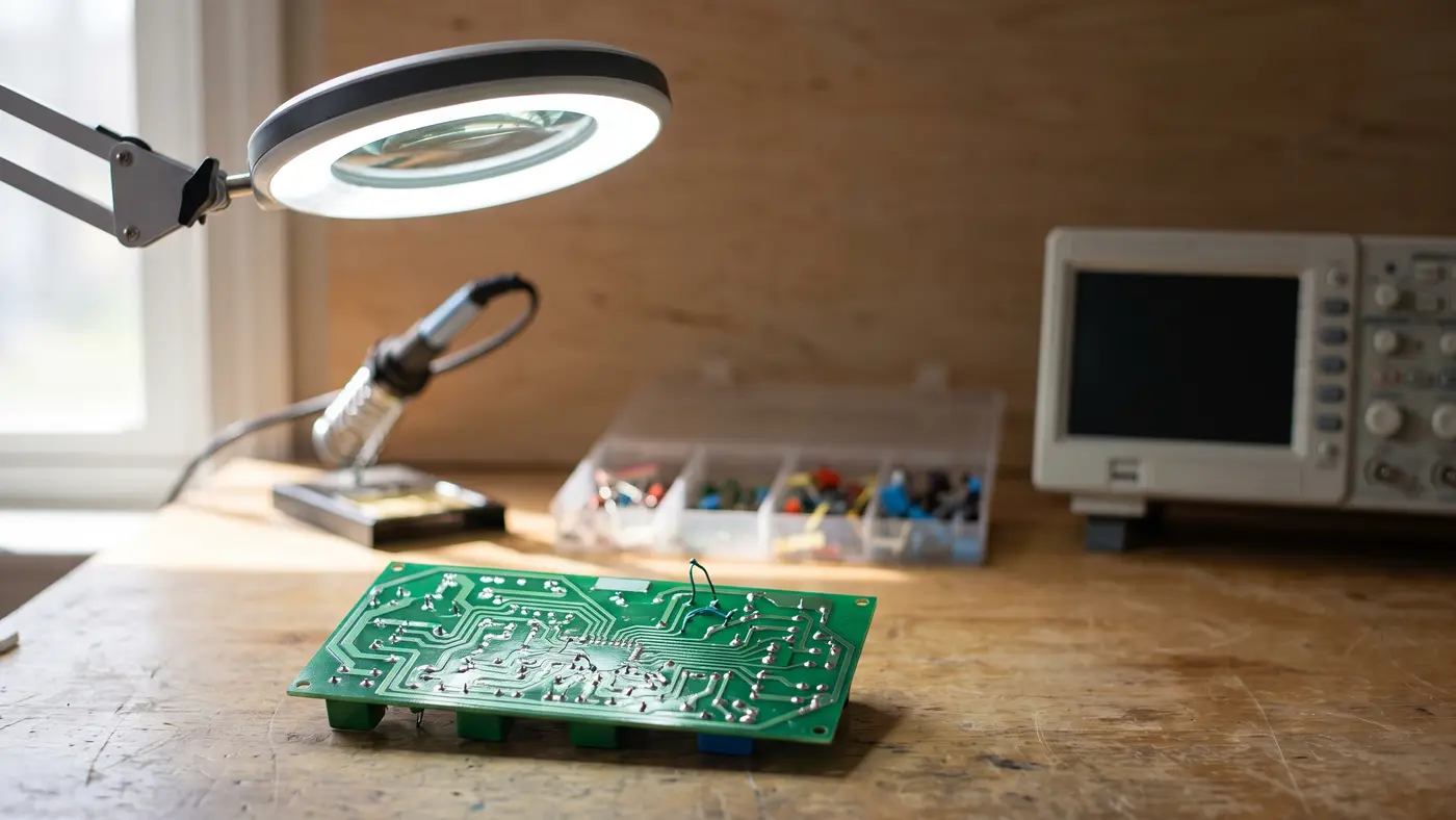 An electronics lab bench with a green circuit board under a magnifier, oscilloscope and components.
