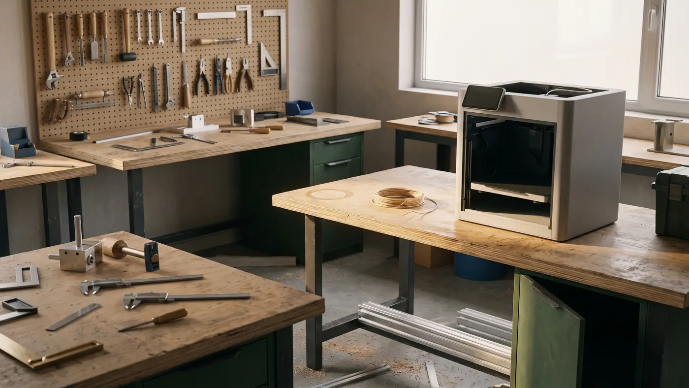 An empty university engineering makerspace with orderly workbenches, hand tools and a 3D printer.