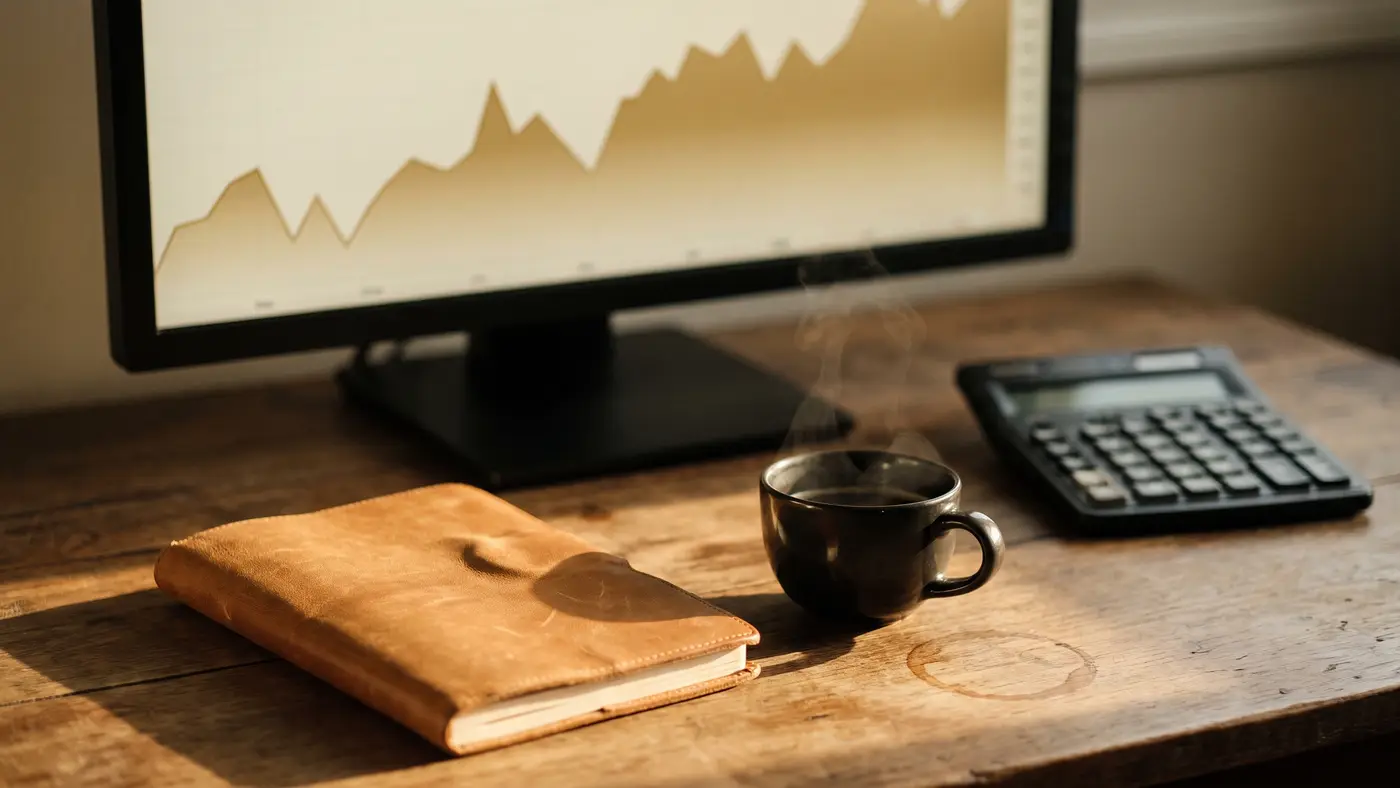 A finance study desk with abstract charts on screen, a calculator, leather notebook and coffee.