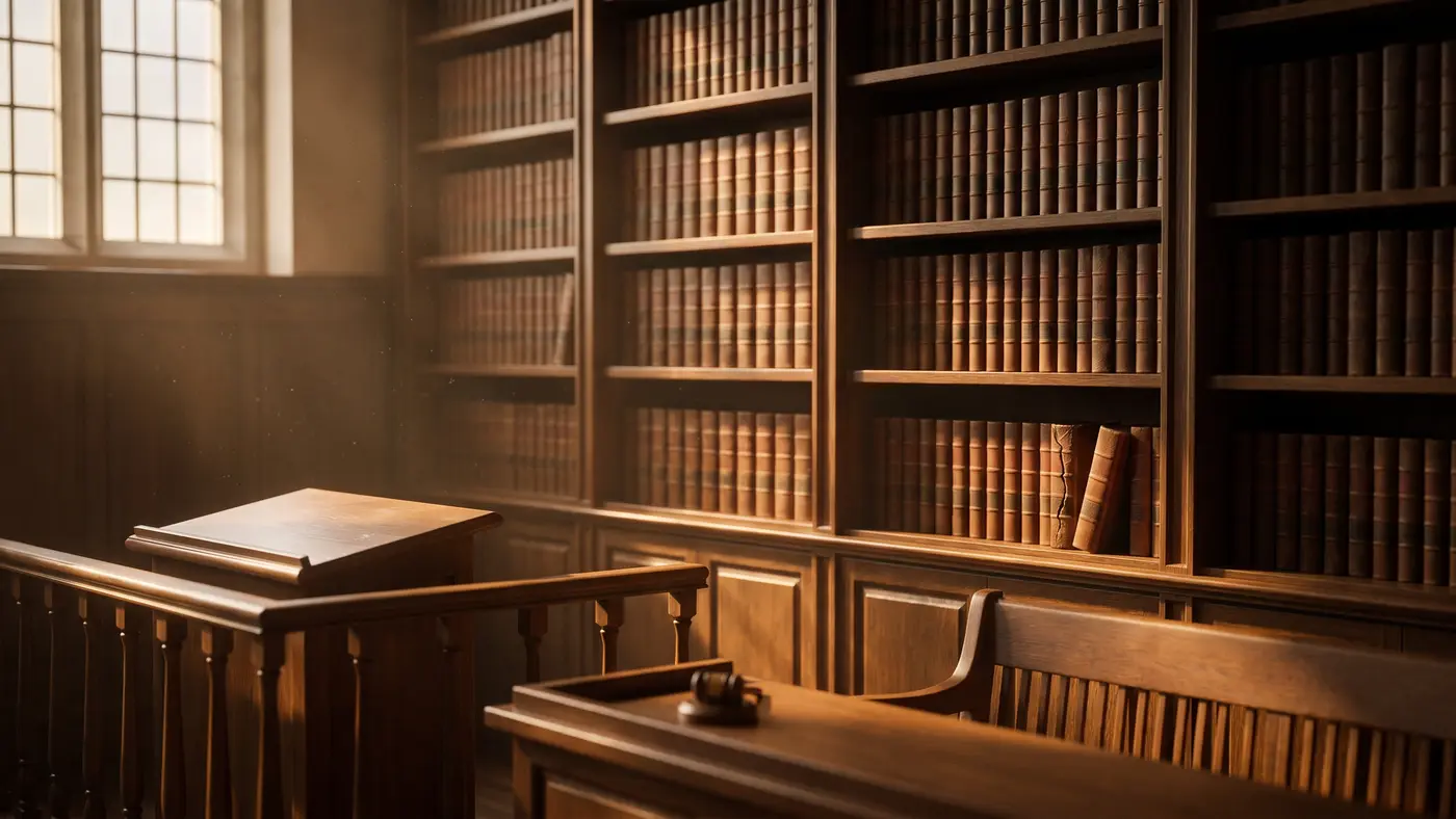 A traditional wood-panelled law room with a railed lectern, a bench and shelves of blank-spined volumes in warm light.