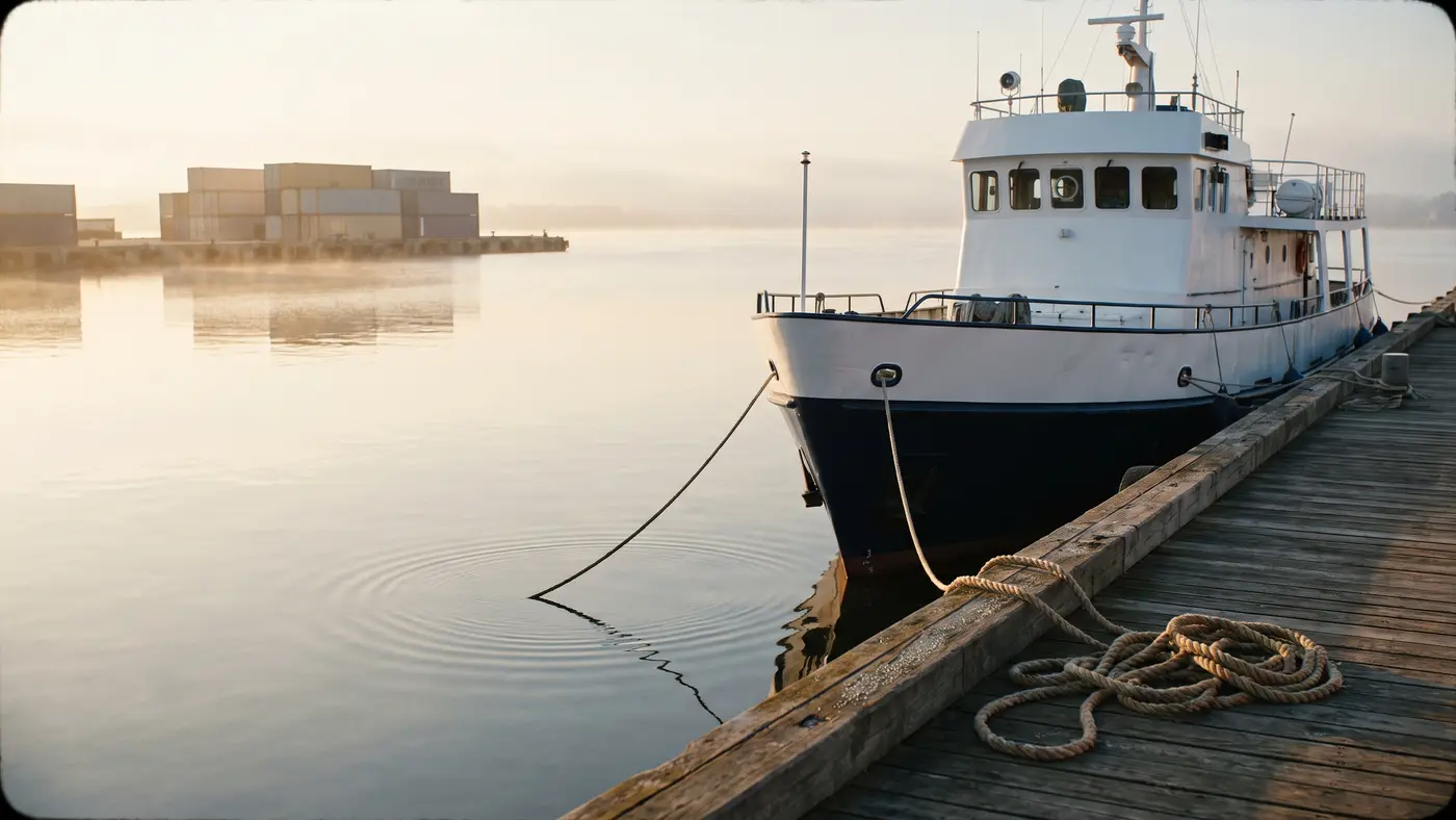 A calm harbour at dawn with a clean training vessel and stacked shipping containers in the distance.