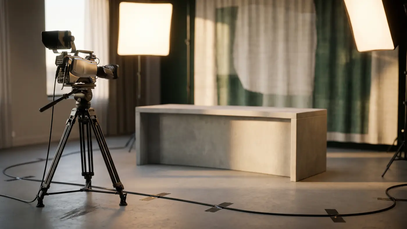 An empty broadcast studio with a camera on a tripod, softbox lights and a clean anchor desk.