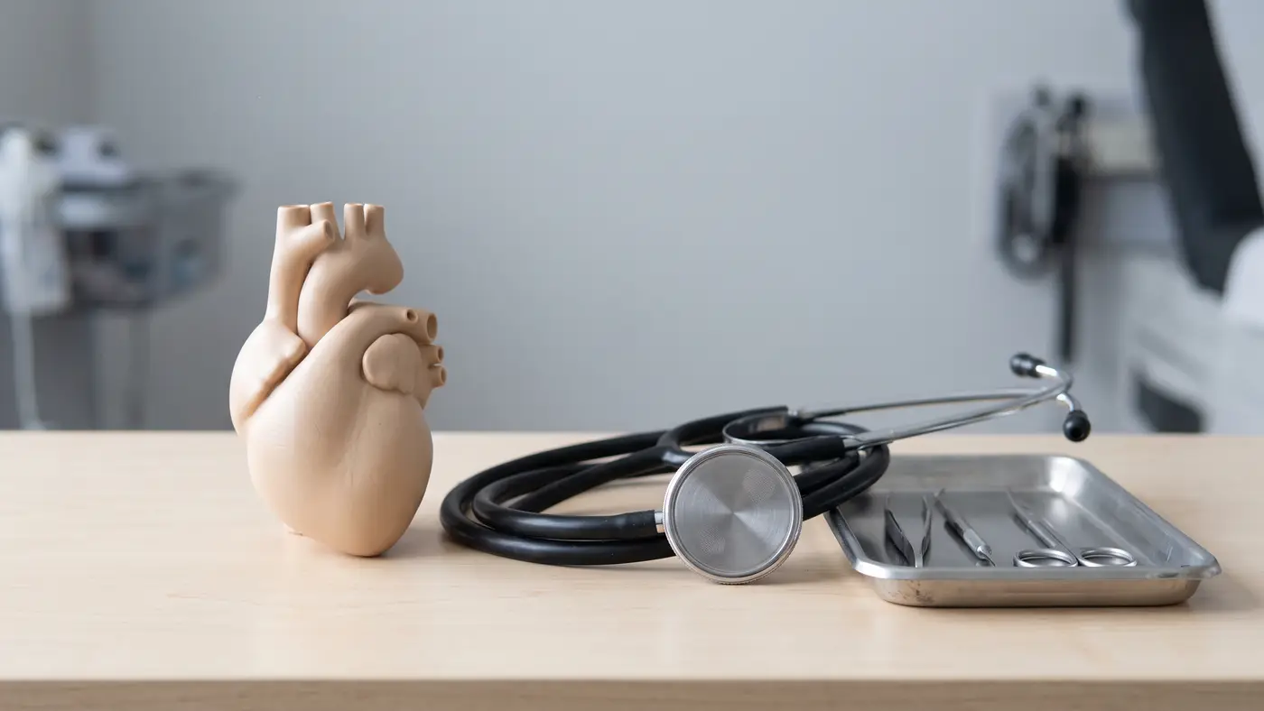 A tidy medical training lab with a plastic anatomical model, stethoscope and instruments.
