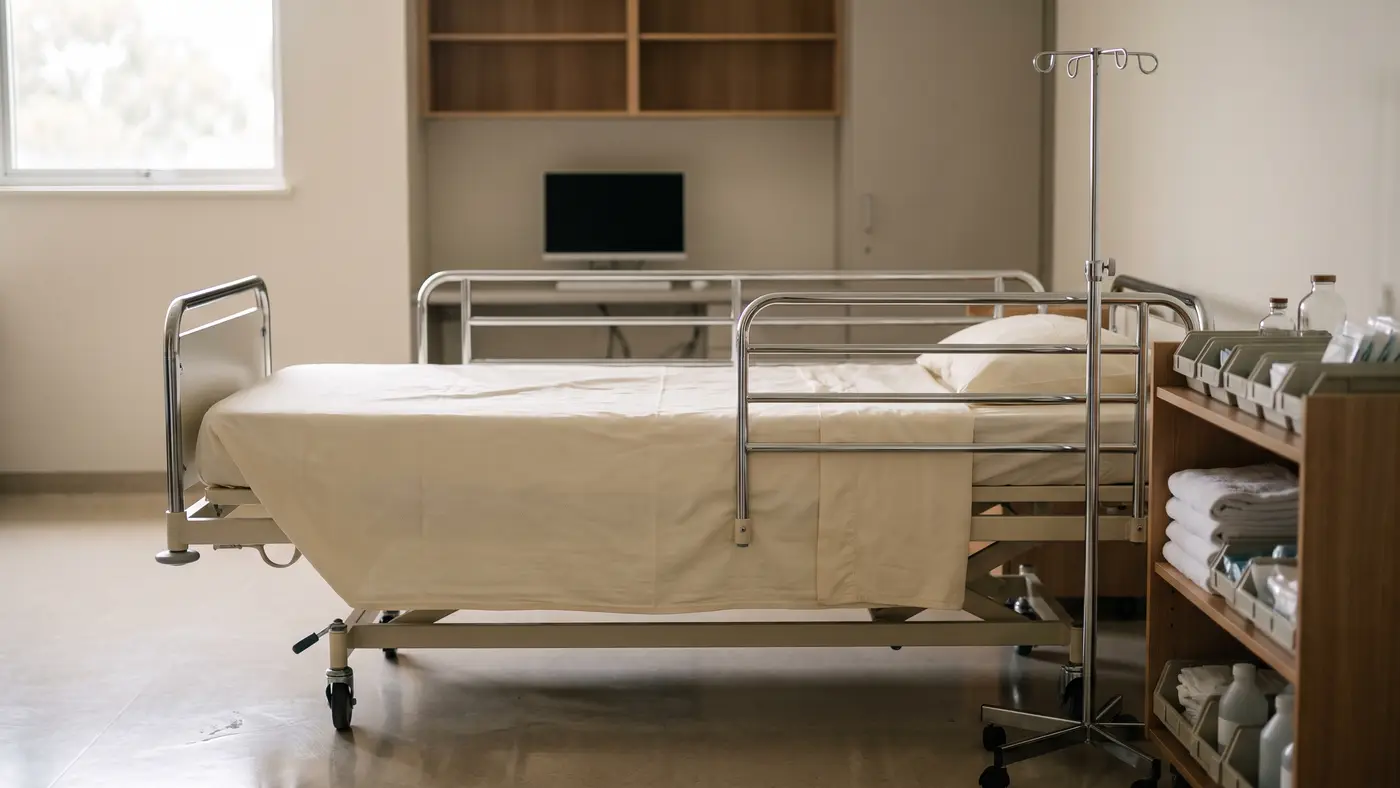 A nursing skills lab with a neatly made training bed, equipment trolley and IV stand.