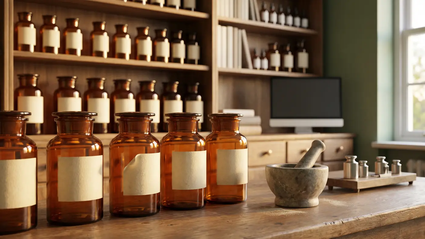 A neat pharmacy training dispensary with rows of blank amber jars, mortar and balance.