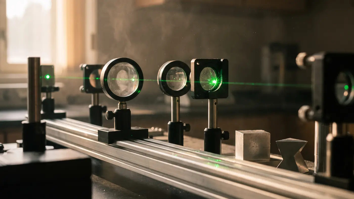 A physics optics bench with mirrors, lenses on rails and a fine green laser beam crossing the frame.