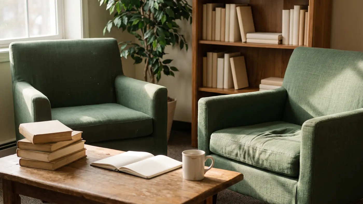 A calm, warm psychology study room with two armchairs, a low table of books and shelves.