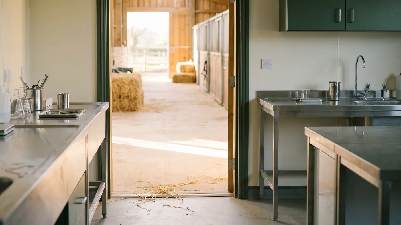 A calm veterinary-science lab with stainless equipment and a bright airy barn through a doorway.