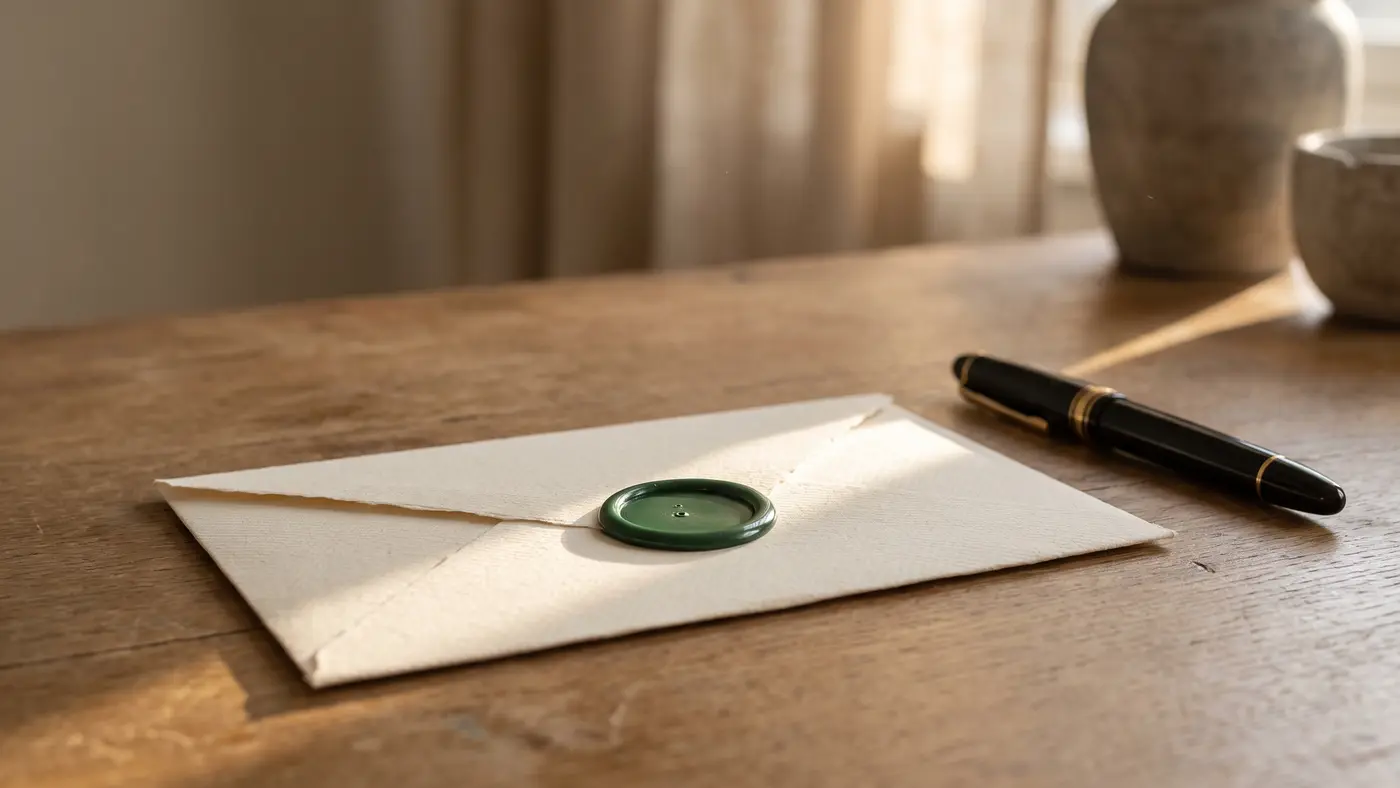 A cream envelope sealed with a plain wax seal and a fountain pen in a shaft of golden light.