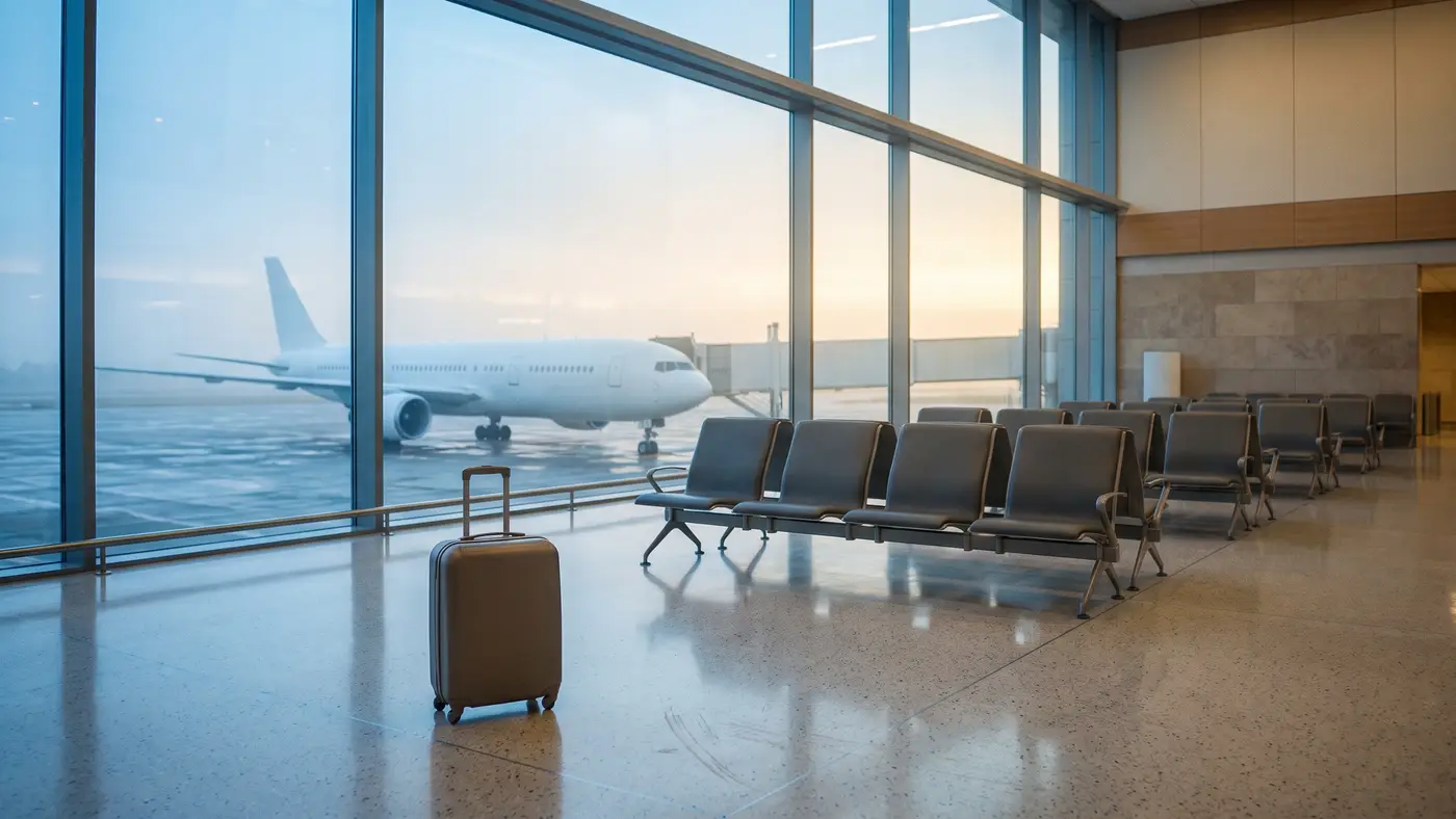 A quiet empty airport departure lounge at dawn with a clean generic aircraft visible through the windows.
