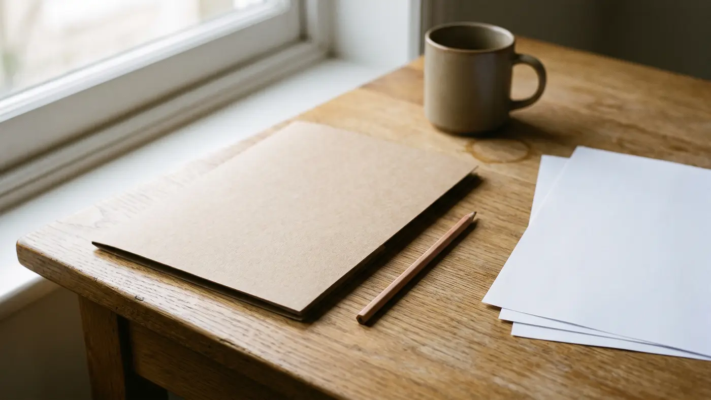A tidy oak desk with a closed kraft folder, a pencil, blank white sheets and a plain mug in soft morning light.