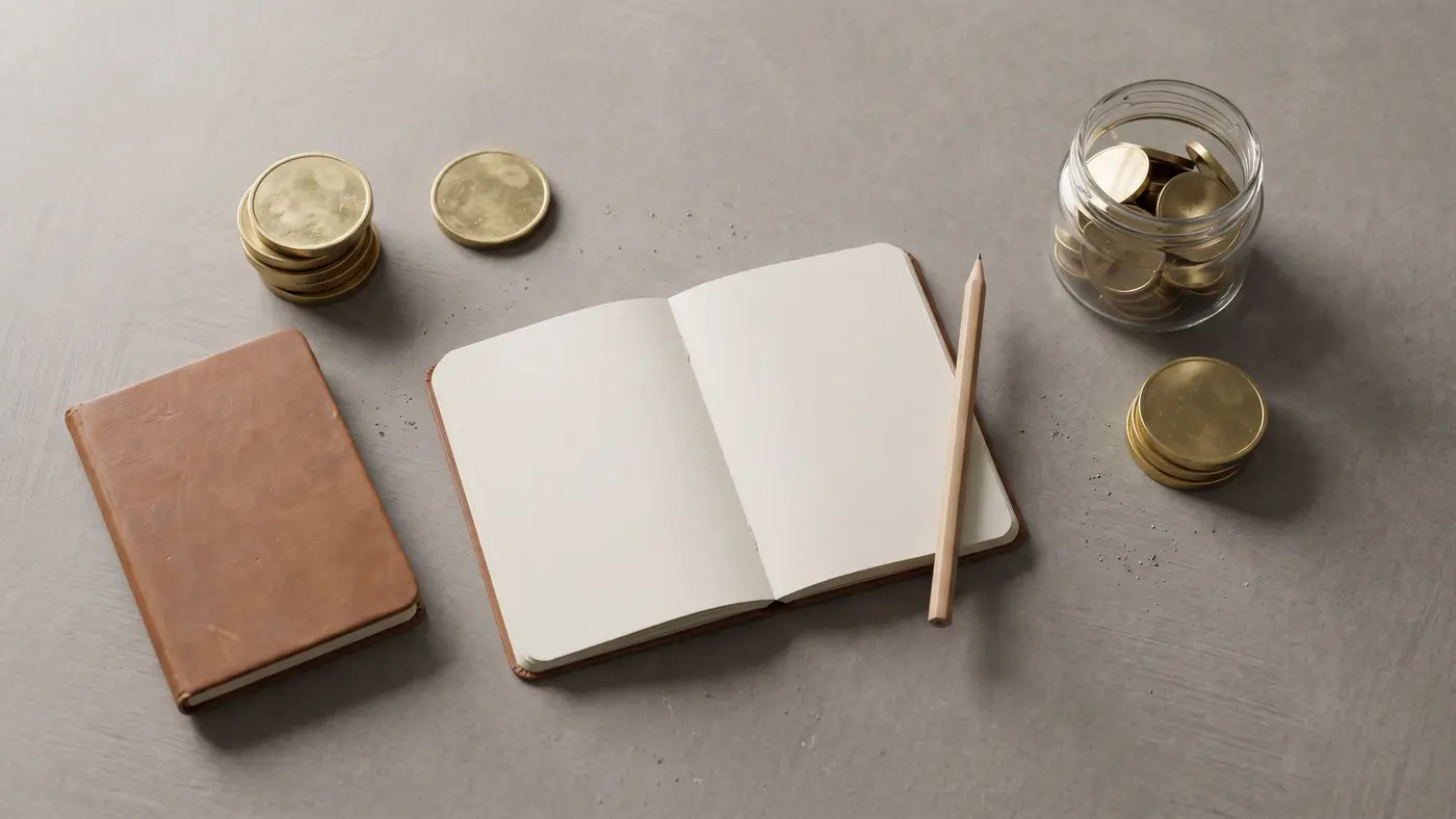 A top-down flat-lay of a calculator, notebook, stacked coins and a jar for budgeting.