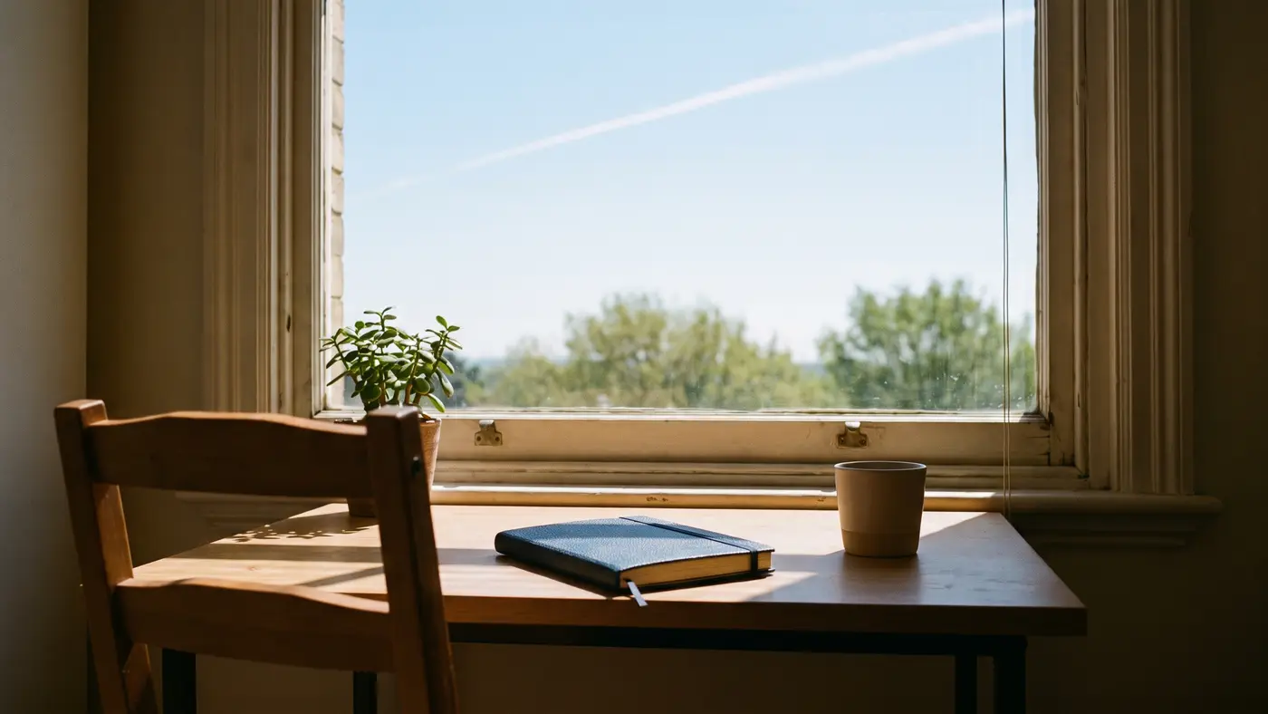 A study desk by a tall window with a closed notebook and a cup, a single aeroplane contrail crossing the pale morning sky outside.