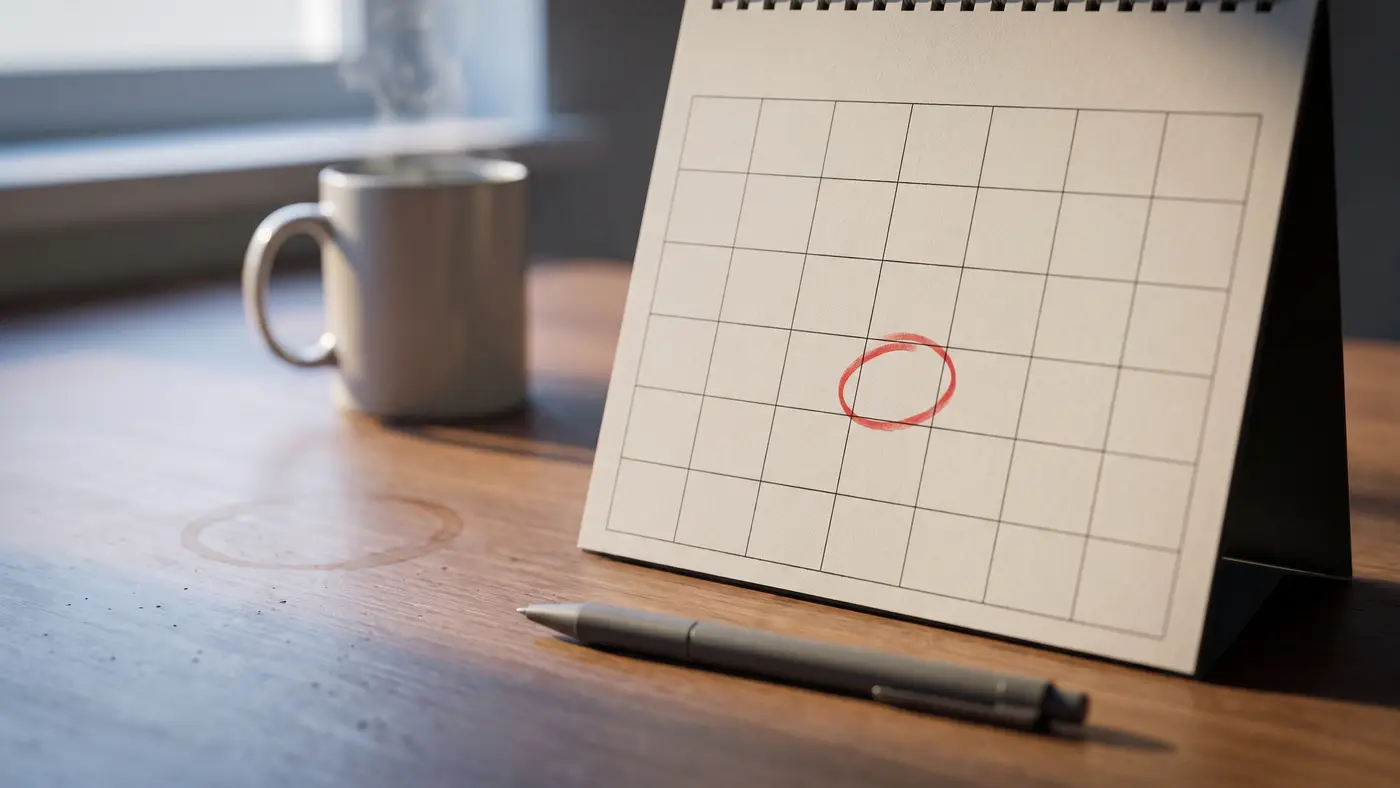 A desk calendar with a single date circled in red marker beside a pen and coffee.