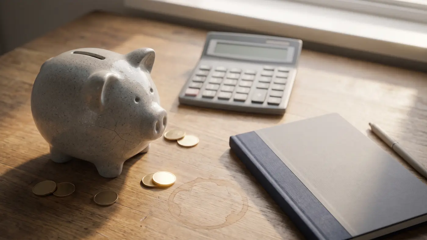 A simple calculator, notebook, ceramic piggy bank and a few coins arranged as an education-finance still life.