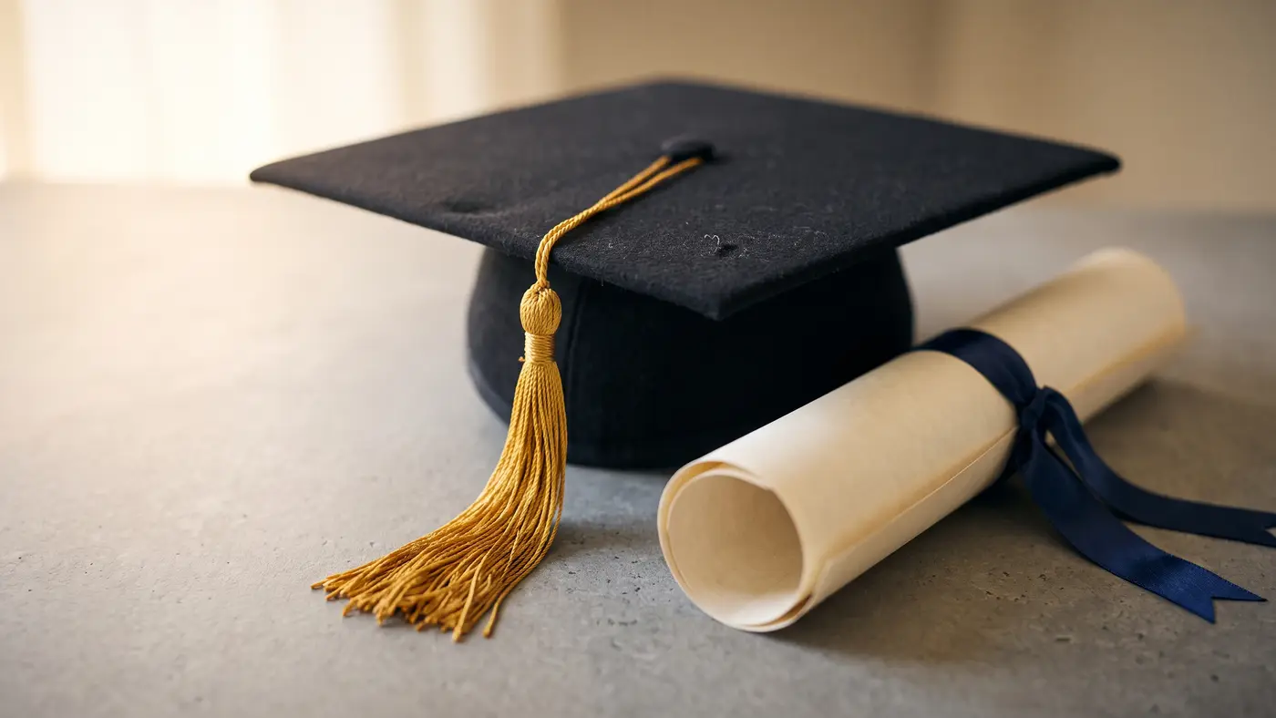 A black graduation mortarboard with gold tassel beside a blank diploma scroll tied with ribbon.