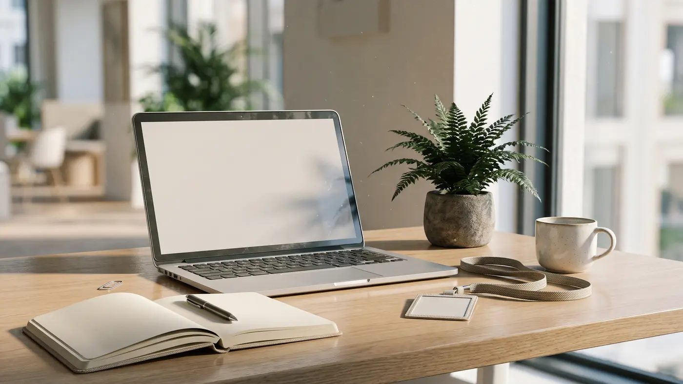 A clean modern office desk with a laptop, notebook and a blank lanyard badge for an internship.