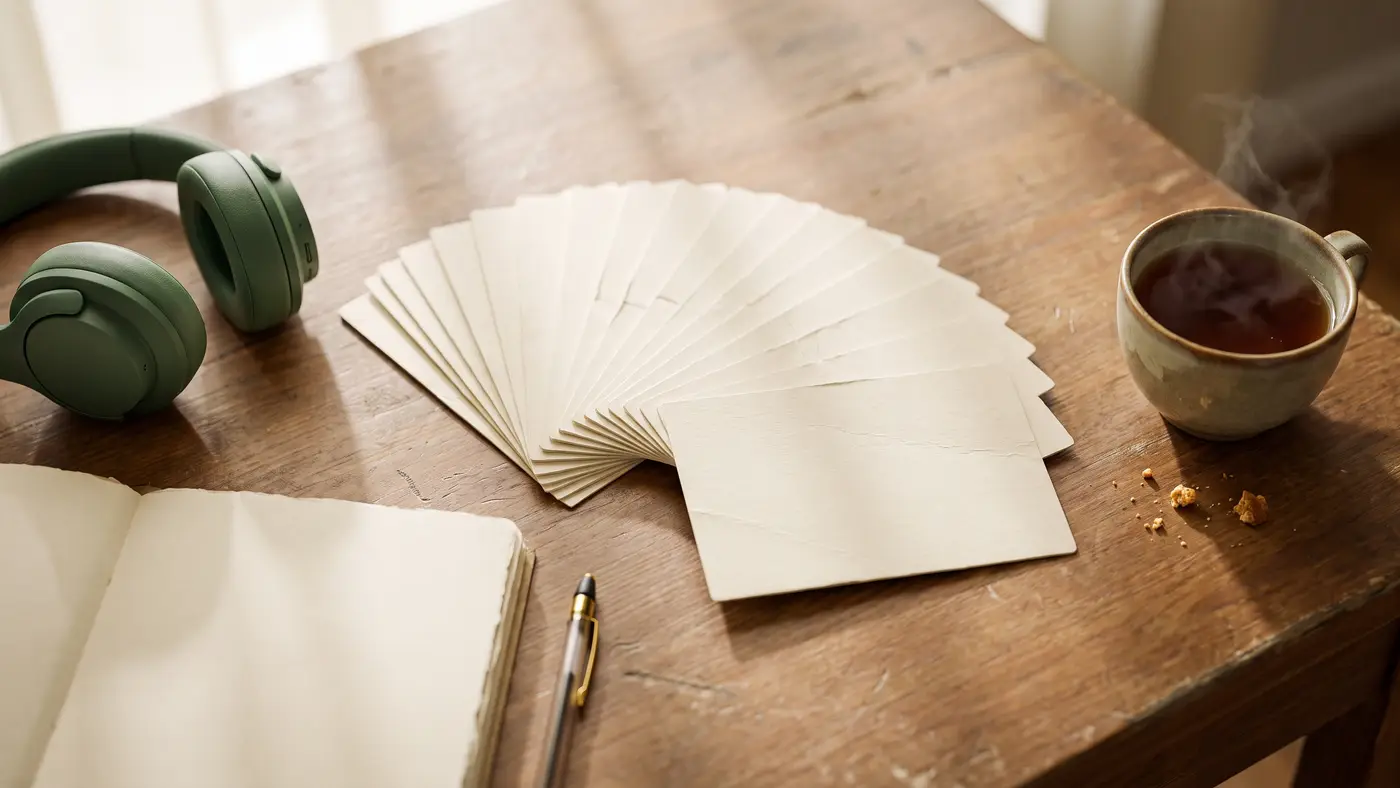 A warm flat-lay of blank flashcards, over-ear headphones, a notebook and tea for language learning.