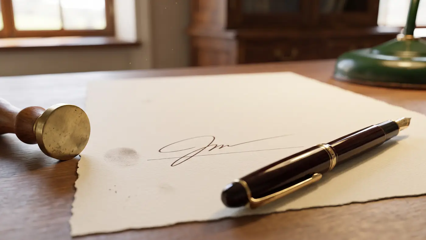 A blank cream letterhead sheet with an elegant signature line and a fountain pen on a desk.