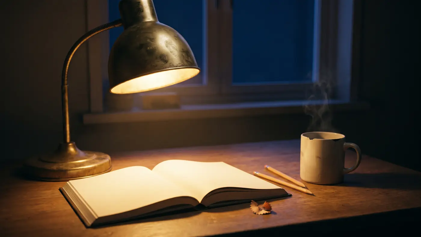 A late-night desk lit by a single brass lamp: an open textbook with blank pages, two pencils and a steaming mug against a dark window.