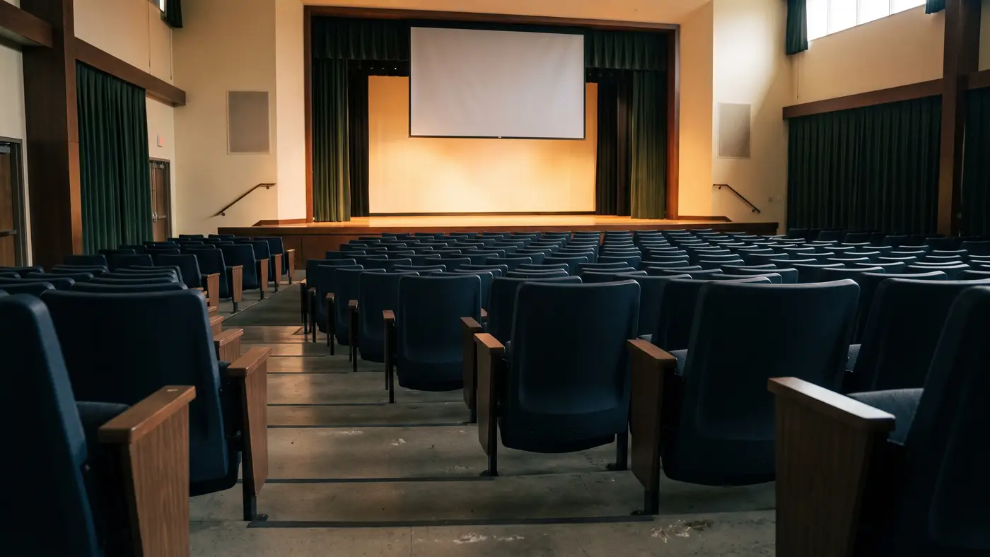 An empty auditorium seen from the back, rows of seats on a raked floor facing a warmly lit stage.