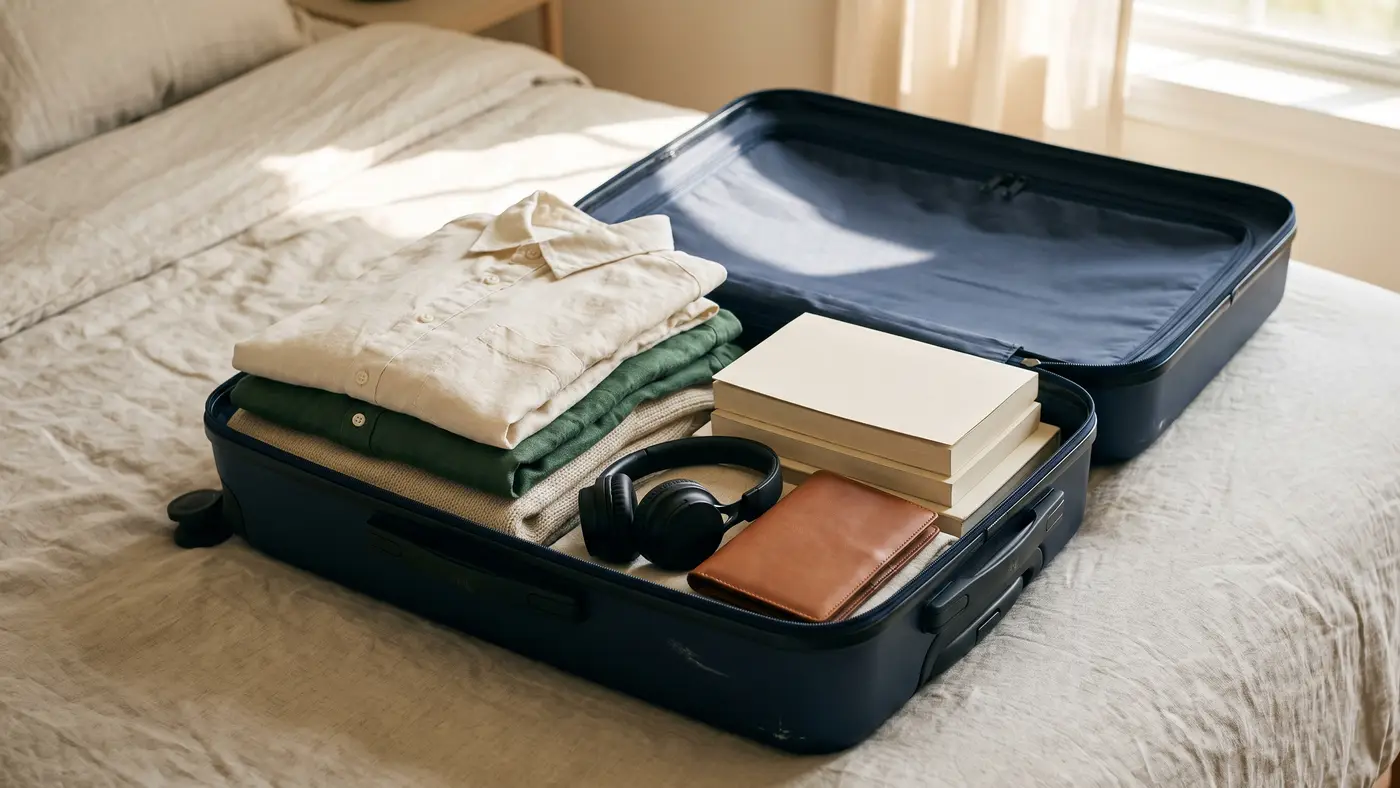 An open suitcase neatly packed with folded clothes, books and headphones on a bed for study abroad.