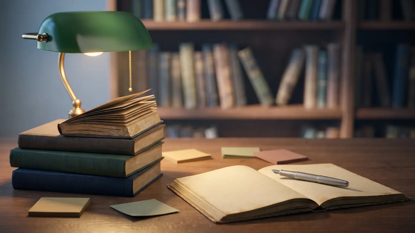 A library desk piled with open books, sticky notes and a notebook of indistinct handwriting under a green lamp.