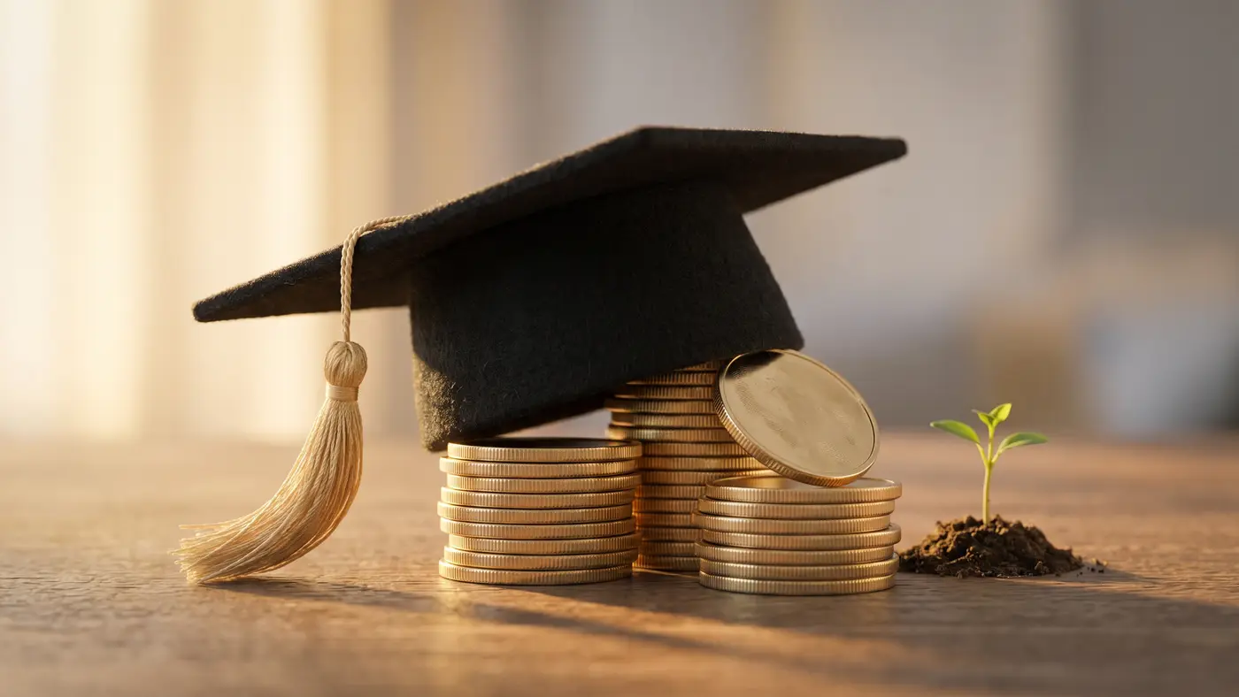 A black graduation mortarboard resting on neat stacks of gold coins with a small green sprout.