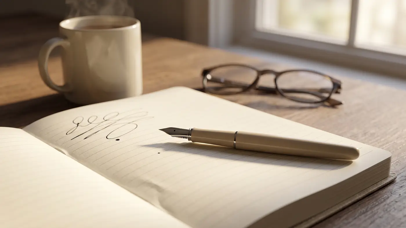 A fountain pen resting mid-page over an open notebook of indistinct handwriting under warm light.