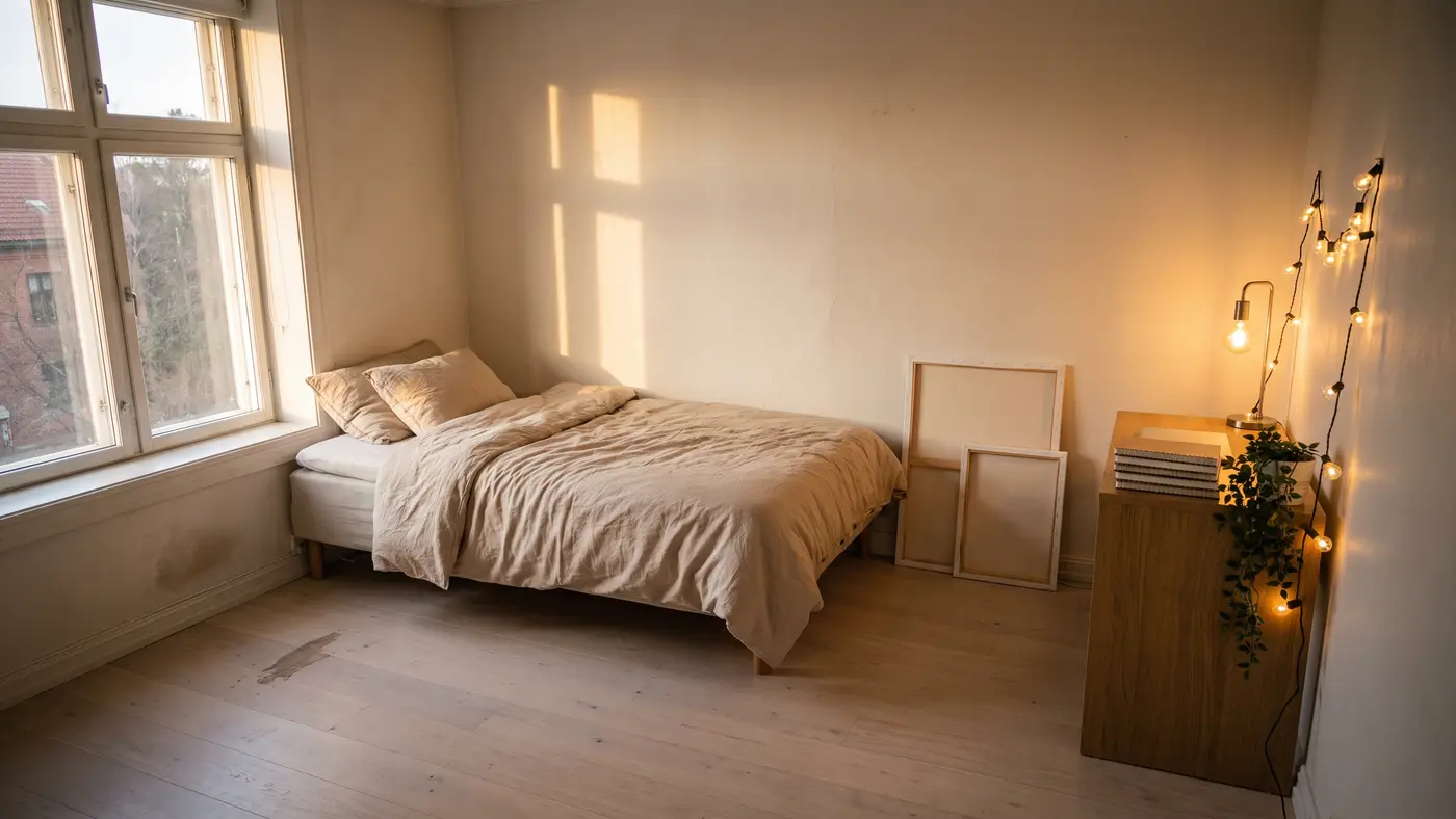 A tidy student room with a made bed, a wooden chest beneath a window, blank canvases on the wall and a generic brick building outside.