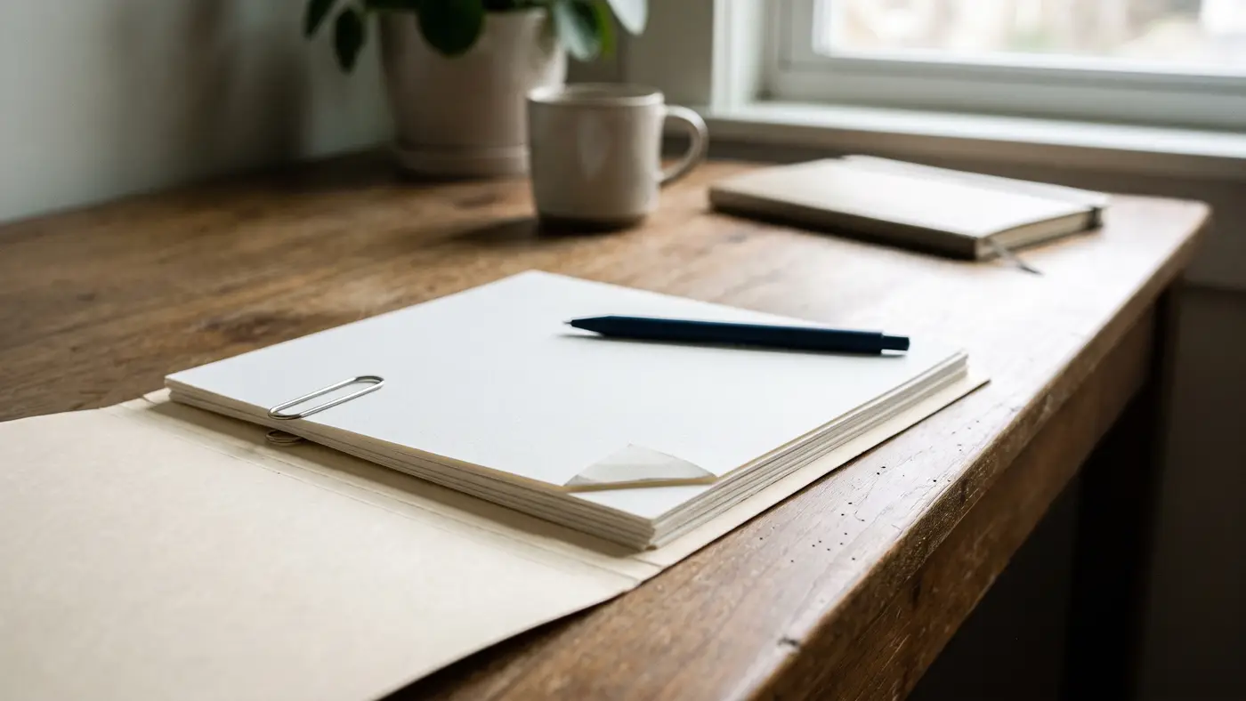 An organised document folder with a tidy stack of blank official-looking papers on a desk.