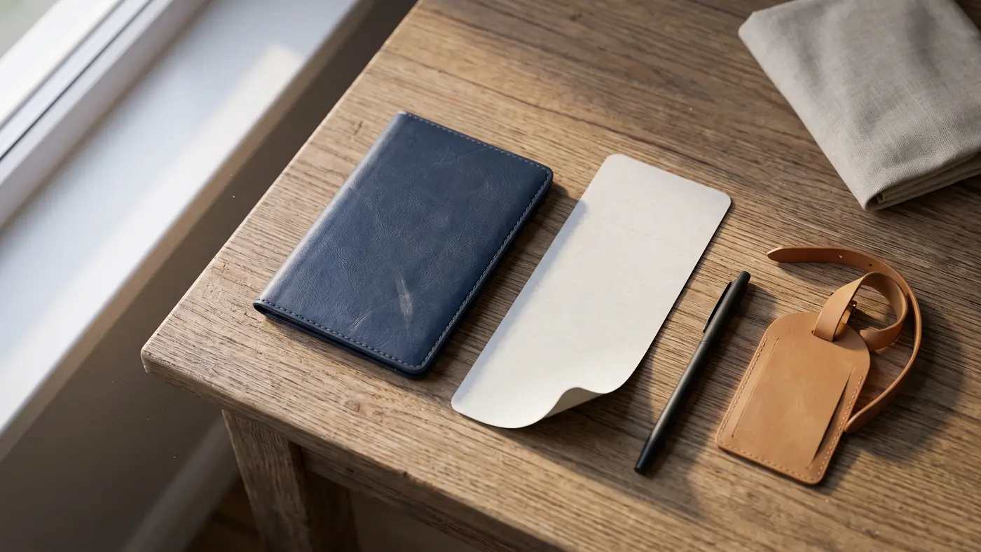 A plain dark passport, blank boarding pass and a leather luggage tag arranged as a study-abroad travel flat-lay.
