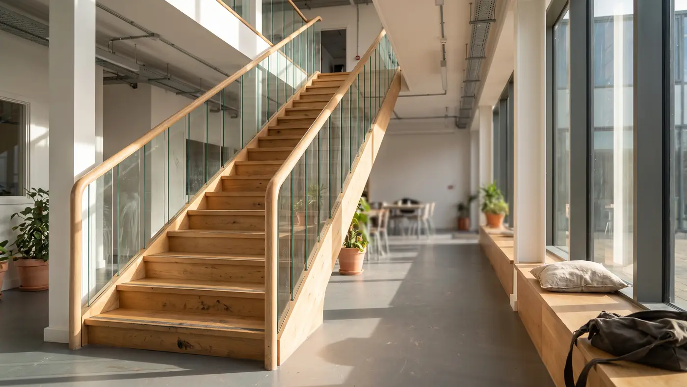 A contemporary glass university learning centre interior with a curved timber staircase and open floors full of daylight.